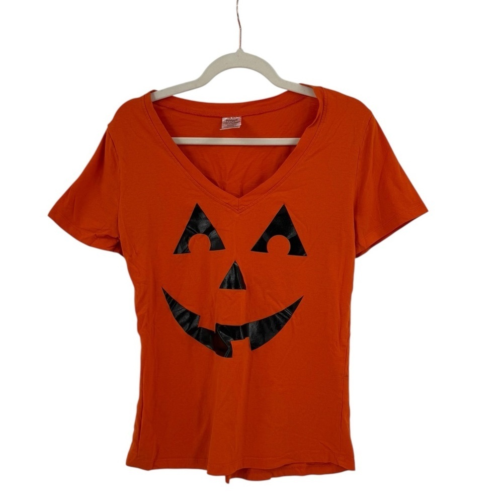 Spirit Halloween Orange Jack-O’-Lantern V-Neck Pumpkin Face Graphic Shirt